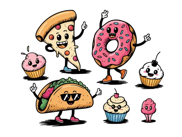 Komik Çizgi Film Karakterleri Çıkartmaları Çizim Seti. Şirin Pizza, Donut, Kekler, Taco ve Dondurma Çizimi