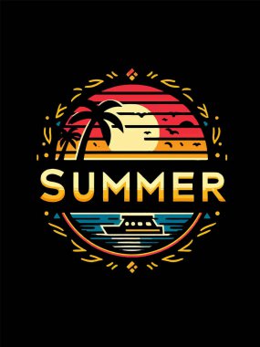 Retro Summer Tişört Tasarım İllüstrasyonu. Sörfçü ve Palm Trees ile Sunset Beach İllüstrasyonu