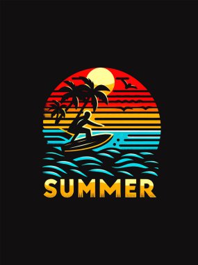 Retro Summer Surf T-Shirt Tasarım İllüstrasyonu. Sörfçü ve Palm Trees ile Sunset Beach İllüstrasyonu