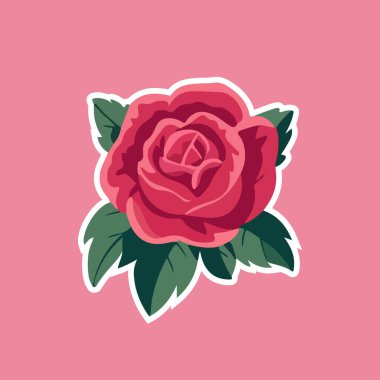 Yeşil Yaprak Etiketi İllüstrasyonlu Kırmızı Gül Çiçeği