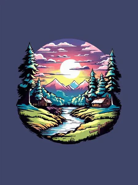 Eski Araba Sahil Yolu Dağları, Okyanus ve Günbatımlı Tişört İllüstrasyonu