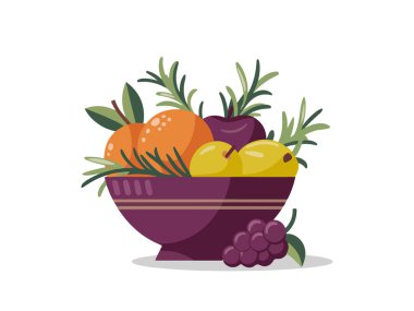 Elmalar, Portakallar, Üzümler ve Beyaz Arkaplanda Yapraklar