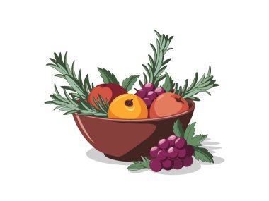 Elmalar, Portakallar, Üzümler ve Beyaz Arkaplanda Yapraklar