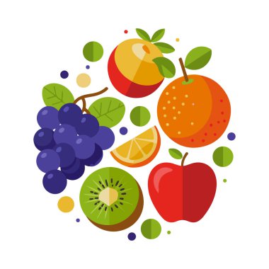 Açık Arkaplanda Muz, Elma, Portakal ve Böğürtlenlerle Renkli Meyve Çizimi