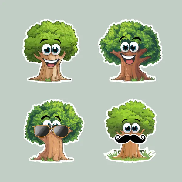 Çizgi Film Ağacı Etiketleri Çizim Kümesi Koleksiyonu. Orman, Orman ve Tropikal Tasarımlar İçin Renkli El Çizimi Doğa Elementleri