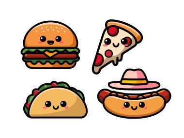 4 Şirin Kawaii Yemek Yapıştırması Çizgi Film Tarzı Pizza dilimi, Taco, Burger ve Sosisli Sandviç Seti