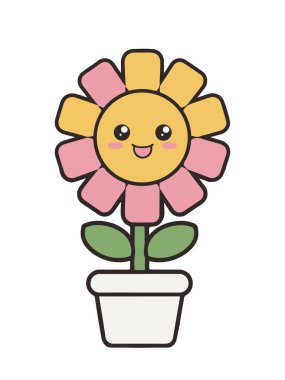 Gülücük Yüzlü Şirin Kawaii Çiçek İllüstrasyonu, Pembe Yapraklar, Yeşil Yapraklar. Çocuklar, Bahar, Çiçek Sanatı, Bebek Dekorasyonu ve Mutlu Doğa Tasarımı için Tapılası Çizgi Film Vektörü