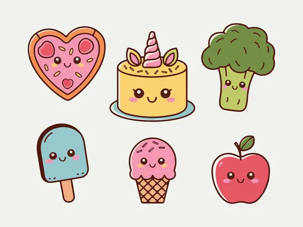 6 Şirin Kawaii Gıda Çıkartması Çizgi Film Biçimli Dondurma, Pasta, Pizza, Brokoli, Elma ve Buzlu Şekerleme Vektör Seti
