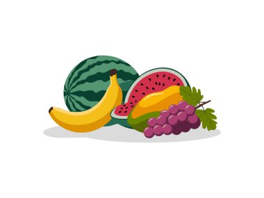 Renkli Taze Meyve Vektörü İllüstrasyonu. Sağlıklı Gıda Konsepti, Organik Ürünler ve Yaz Tasarım Temaları için Muz, Karpuz, Mango ve Düz Stil Üzümler