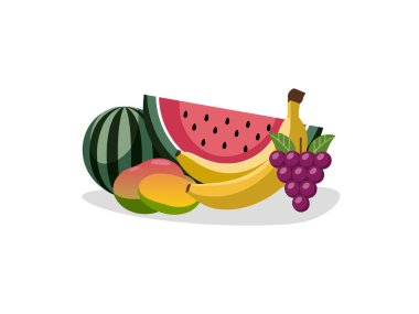 Renkli Taze Meyve Vektörü İllüstrasyonu. Sağlıklı Gıda Konsepti, Organik Ürünler ve Yaz Tasarım Temaları için Muz, Karpuz, Mango ve Düz Stil Üzümler