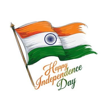 Bağımsızlık Günü Typography ile Hint Ulusal Bayrağı 'nın El Çizimi Vektör İllüstrasyonu. Hindistan için Tricolor Waving Flag Art Kutlama, Cumhuriyet Etkinlikleri ve Vatansever Tasarımlar