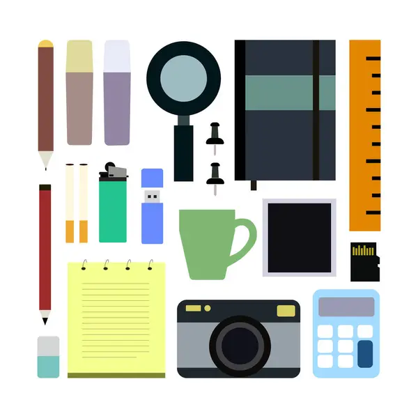 Düzenlenebilir Düz Ofis ve Temel Çalışmalar Beyaz Arkaplanda Vektör Simgesi Ayarlandı. Kırtasiye, Malzemeler, Araçlar ve İş, Eğitim ve Yaratıcı Projeler Toplama