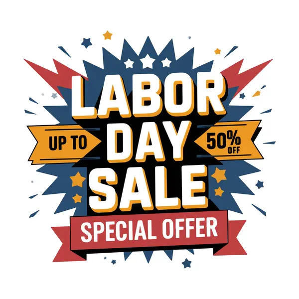 İşçi Bayramı Poster Vektör Tasarımı. Renkli İndirim Sancakları Kalın Typography, Stars ve Tanıtım Tasarımı İçin Retro Elementleri