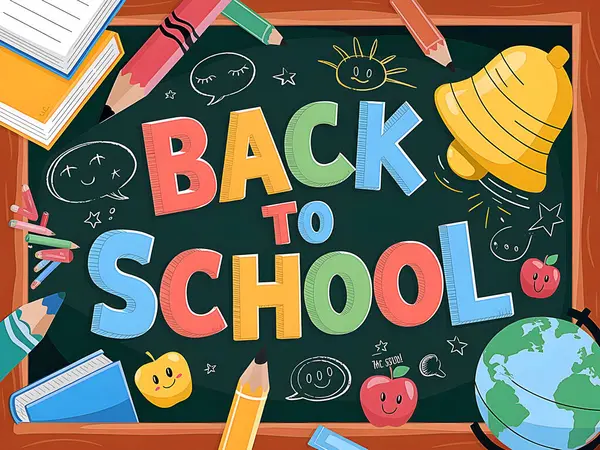 Renkli Çizgi Roman Biçimli Metin ve Okul Malzemeleri ile Okul Resmine Dönüş Kitaplar, Kalemler, Cetvel, Bell, Globe ve Mutlu Emojiler