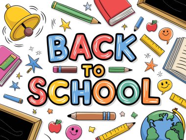 Renkli Çizgi Roman Biçimli Metin ve Okul Malzemeleri ile Okul Vektör İllüzyonuna Dönüş Kitaplar, Kalemler, Cetveller, Bell, Globe ve Mutlu Emojiler