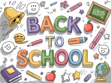 Renkli Çizgi Roman Biçimli Metin ve Okul Malzemeleri ile Okul Vektör İllüzyonuna Dönüş Kitaplar, Kalemler, Cetveller, Bell, Globe ve Mutlu Emojiler