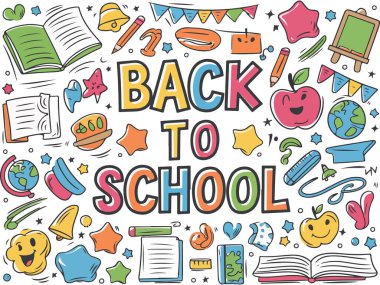 Okul Malzemeleri, Kitapları, Mürekkep Tahtası, Çan, Kalem, Cetvel, Cetvel, Globe ve Eğitim Elementleri ile Renkli Geri Dönüş. Okul, Öğrenim ve Sınıf Tasarımları için mükemmel.