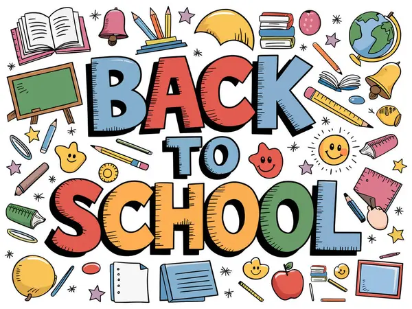 Okul Malzemeleri, Kitapları, Mürekkep Tahtası, Çan, Kalem, Cetvel, Cetvel, Globe ve Eğitim Elementleri ile Renkli Geri Dönüş. Okul, Öğrenim ve Sınıf Tasarımları için mükemmel.