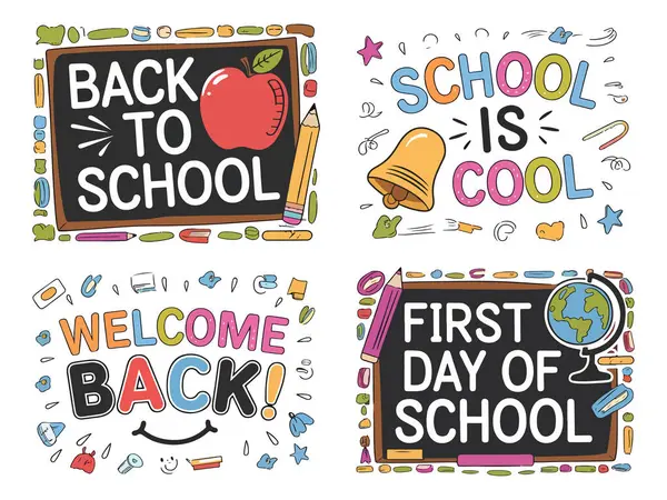 Okul Tipografi Vektör Kümesine Dönüş. Okul Elementleriyle Renkli Çizgi Film Mektupları, Hoş Geldiniz, Okulun İlk Günü ve Çocuklar için Okul Eğitim ve Sınıf Tasarımı gibi Eğlenceli El Çizimleri