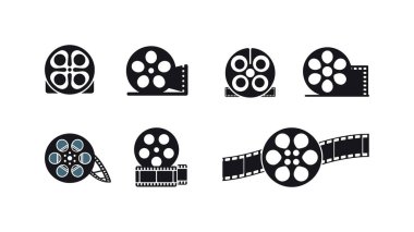 Siluet Film Makina Vektörü seti. Sinema Bant Simgeleri. Video Düzenleme, Film Yapımı ve Eğlence Tasarımı için Siyah Film Şeridi Sembolleri