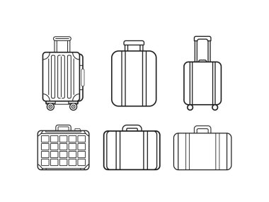 Bagaj Taslağı Vektör Simgesi Ayarlandı. Minimalist Seyahat Bavulu, Trolley ve Çanta Hattı Turizm, Tatil ve Ulaşım Tasarım Projeleri için Sanat Clipart