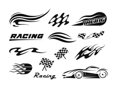 Yarış Otomobili Vektör Seti, Araç Dekor Grafikleri, Hız Hattı Sanat Şablonları, Otomatik Etiketler ve Spor Araba Dekorasyonu için Damalı Bayrak Motorsporu Tasarım Elementleri