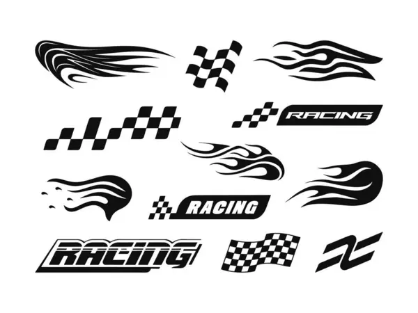 Yarış Otomobili Vektör Seti, Araç Dekor Grafikleri, Hız Hattı Sanat Şablonları, Otomatik Etiketler ve Spor Araba Dekorasyonu için Damalı Bayrak Motorsporu Tasarım Elementleri