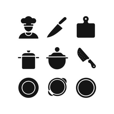 Mutfak ve Yemek Pişiren Siluet Vektör Simgeleri Koleksiyonu. Aşçı, Utensiller, Bıçak, Esrar, Tabak, Restoran ve Mutfak Tasarım ve Markalaşma Sembolleri