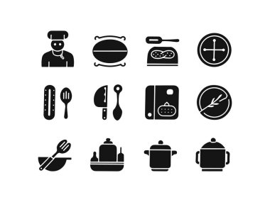 Mutfak ve Yemek Pişiren Siluet Vektör Simgeleri Koleksiyonu. Aşçı, Utensiller, Bıçak, Esrar, Tabak, Restoran ve Mutfak Tasarım ve Markalaşma Sembolleri