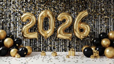 Altın balonlar, siyah ve altın parti dekorasyonu, şenlikli konfeti geçmişi ve lüks bir tatil etkinliği konseptiyle 2026 yılının kutlu olsun.