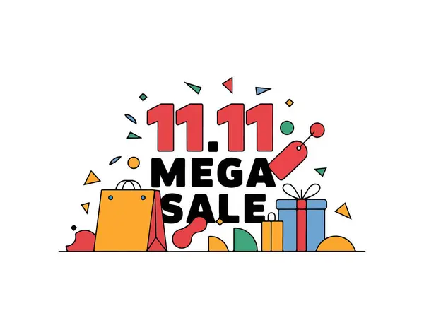 11.11 Mega Satış Sancak Vektörü İllüstrasyonu. Alışveriş Festivali İndirim Teklif, Çifte Onbir Tanıtım Tasarımı, E-Ticaret Flash Satış Posteri, Çevrimiçi Perakende Tatil Pazarlaması