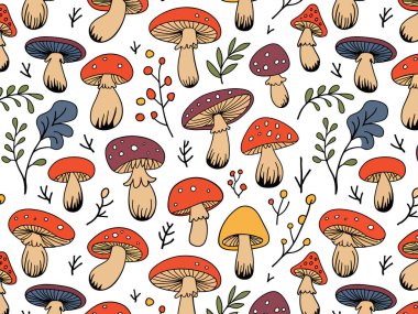 Renkli mantar desenli, el yapımı orman mantarları, botanik bitkileri ve kumaş, duvar kâğıdı ve doğadan esinlenilmiş dekorasyon için sonbahar ormanlık tasarımı olan dikişsiz vektör arkaplanı.