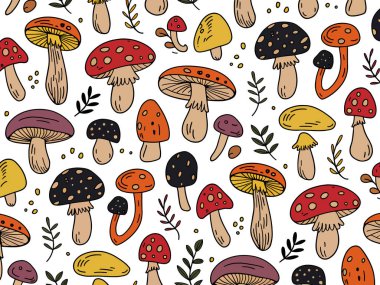 Renkli mantar desenli, el yapımı orman mantarları, botanik bitkileri ve kumaş, duvar kâğıdı ve doğadan esinlenilmiş dekorasyon için sonbahar ormanlık tasarımı olan dikişsiz vektör arkaplanı.