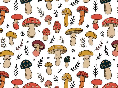 Renkli mantar desenli, el yapımı orman mantarları, botanik bitkileri ve kumaş, duvar kâğıdı ve doğadan esinlenilmiş dekorasyon için sonbahar ormanlık tasarımı olan dikişsiz vektör arkaplanı.