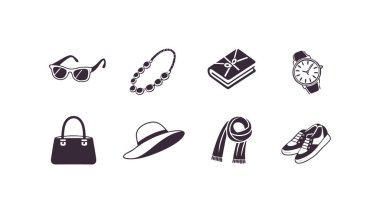 Fashion accessories icon set vector illustration, including hats, sunglasses, handbags, high heels, shorts, jewelry, stylish trendy fashion design elements collection