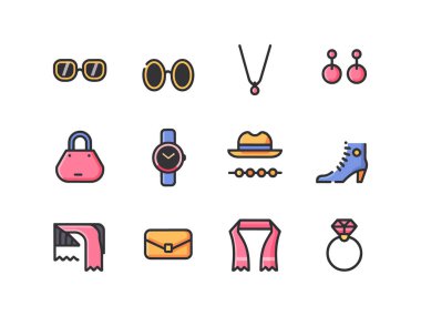 Moda aksesuarları simgesi: Güneş gözlüğü, küpe, kolye, el çantası, saat, şapka, bot, atkı, yüzük, modaya uygun moda tasarım öğeleri koleksiyonu