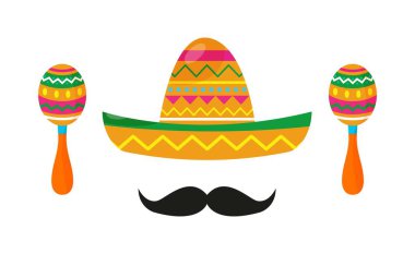 Meksikalı sombrero, Maracas koleksiyonu ve bıyık. Geleneksel Meksika şapkasının renkli çizimleri ve Cinco de Mayo için müzik aleti. Vektör grafikleri