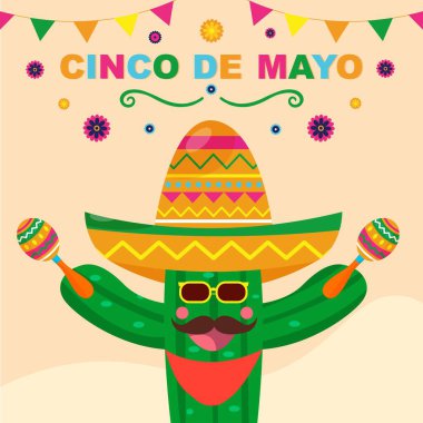 Kaktüs ve sombrero. Meksika Cinco de Mayo tatil vektörü düz çizim.