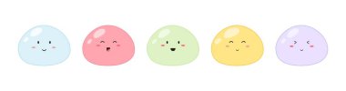 Güzel mochi seti. Kawaii suratlı çizgi film karakteri, Japon tatlısı. Pastel renkli tatlı Asya yemekleri. Vektör illüstrasyonu