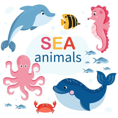 Karikatür Deniz Hayvanları seti. Balık, ahtapot, yengeç, deniz atı, balina ve yunus. Grafik vektörü