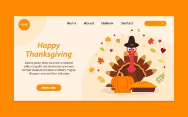 Türkiye ile şükran günü için düz iniş sayfası şablonu, balkabağı ve ayrılıklar. Vektör İllüstrasyonu