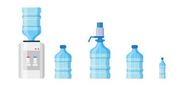 Plastik şişelerden yapılmış su soğutucuları. Bir şişe su. Çamaşır standı. Vektör illüstrasyonu beyaz arkaplanda izole edildi