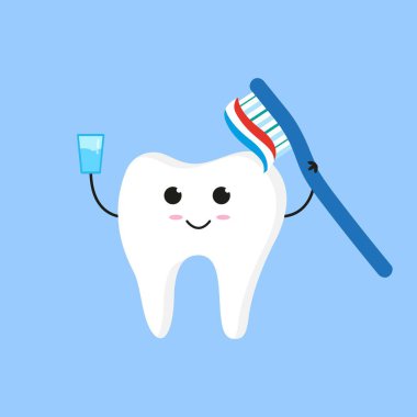 Bir bardak su ve diş fırçası olan bir çizgi film karakteri. Diş konsepti çizimi. Vektör grafiği.