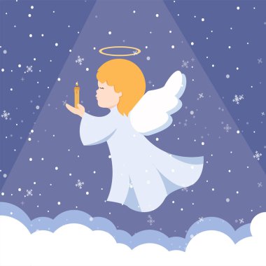 Gökyüzünde bir mumla Noel meleği. Çizgi film tarzında melek vektörü grafikleri