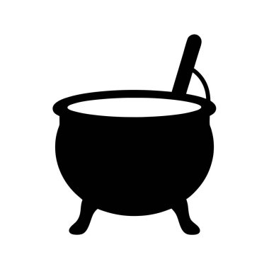 Beyaz sıvılı siyah kazan ve beyaz arka planda kaşık.