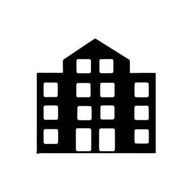 Çatısı olan iki katlı bir binanın basit siyah silüeti.