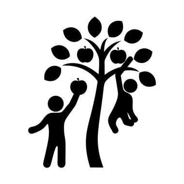 İki insanın ağaçtan elma toplamasının basit bir örneği, biri tırmanıyor.