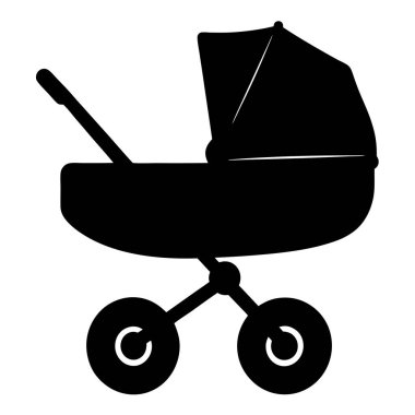 Kapüşonu ve tekerlekleri olan klasik bir bebek arabasının zarif siyah silueti.