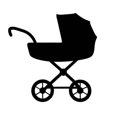 Beyaz arka planda klasik bir bebek arabasının siyah silueti.