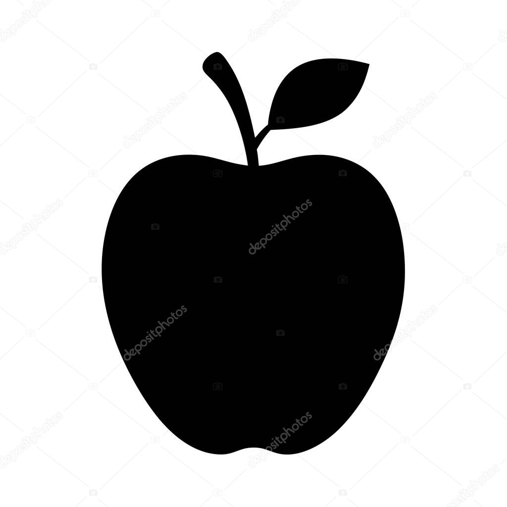 Silhouette of an Apple with Stem and Leaf on a White Background